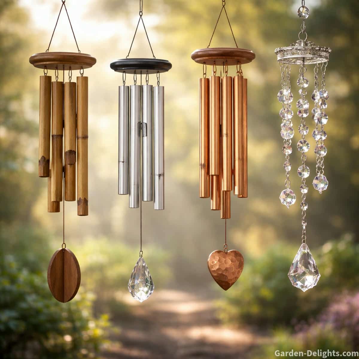 Four memorial wind chimes made of bamboo aluminum copper and crystal hanging in soft natural light to show how each material creates a different emotional feeling and sound during pet remembrance rituals