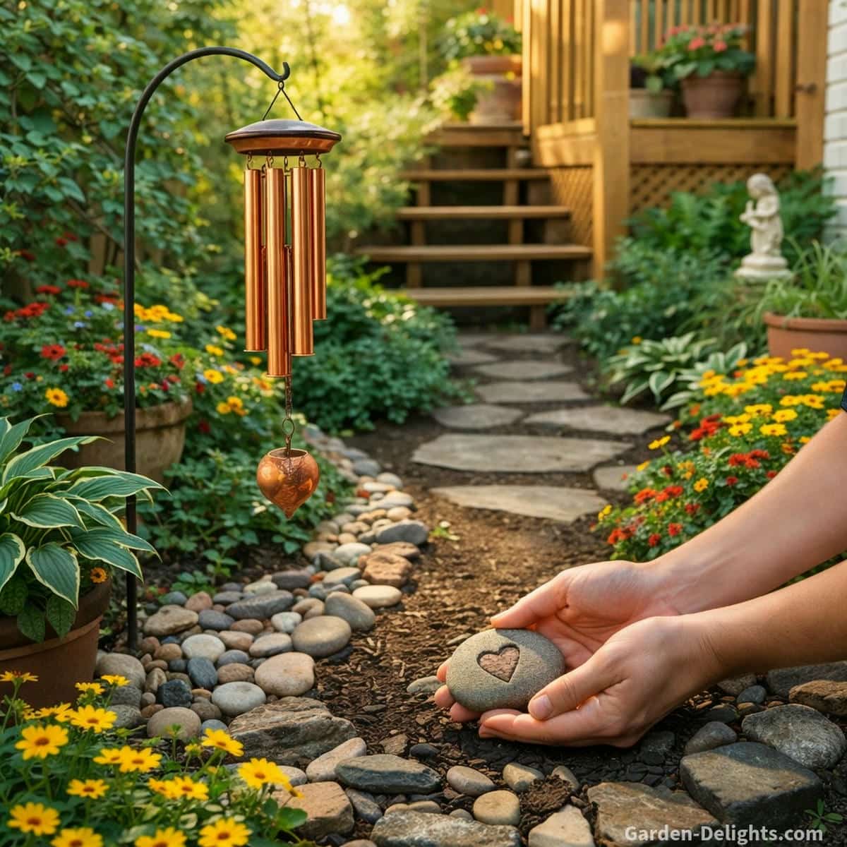 A copper pet memorial wind chime hangs from a shepherds hook above a curved garden path as gentle hands place a smooth remembrance stone with a heart symbol among warm yellow flowers soft river rocks and fresh garden greenery which creates a peaceful family ritual for healing comfort emotional grounding and mindful remembrance during pet loss