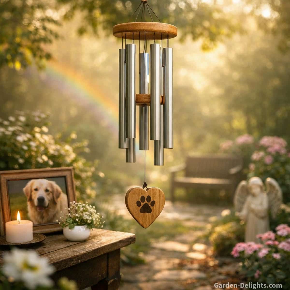 Pet memorial wind chime hanging near soft garden light where gentle airflow movement and warm healing tone create emotional comfort grief support and peaceful Rainbow Bridge remembrance