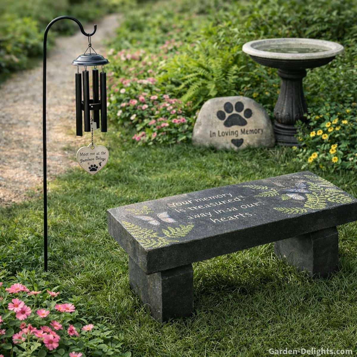 Peaceful pet memorial garden corner with a dark engraved remembrance bench pet memorial wind chime on a tall shepherds hook paw print memory stone black base birdbath and soft flowers creating gentle healing energy for grieving dog or cat owners