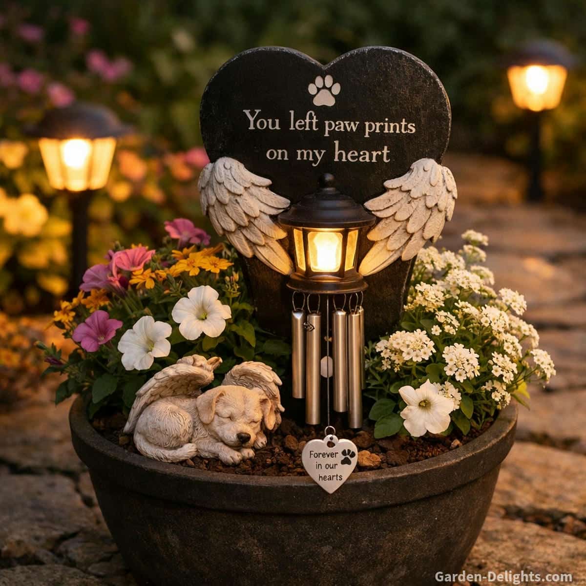 Pet memorial wind chime displayed inside a flower filled planter with warm walkway lights soft garden blooms and gentle evening airflow that create a peaceful remembrance space for healing comfort emotional reflection and closeness with a beloved pet