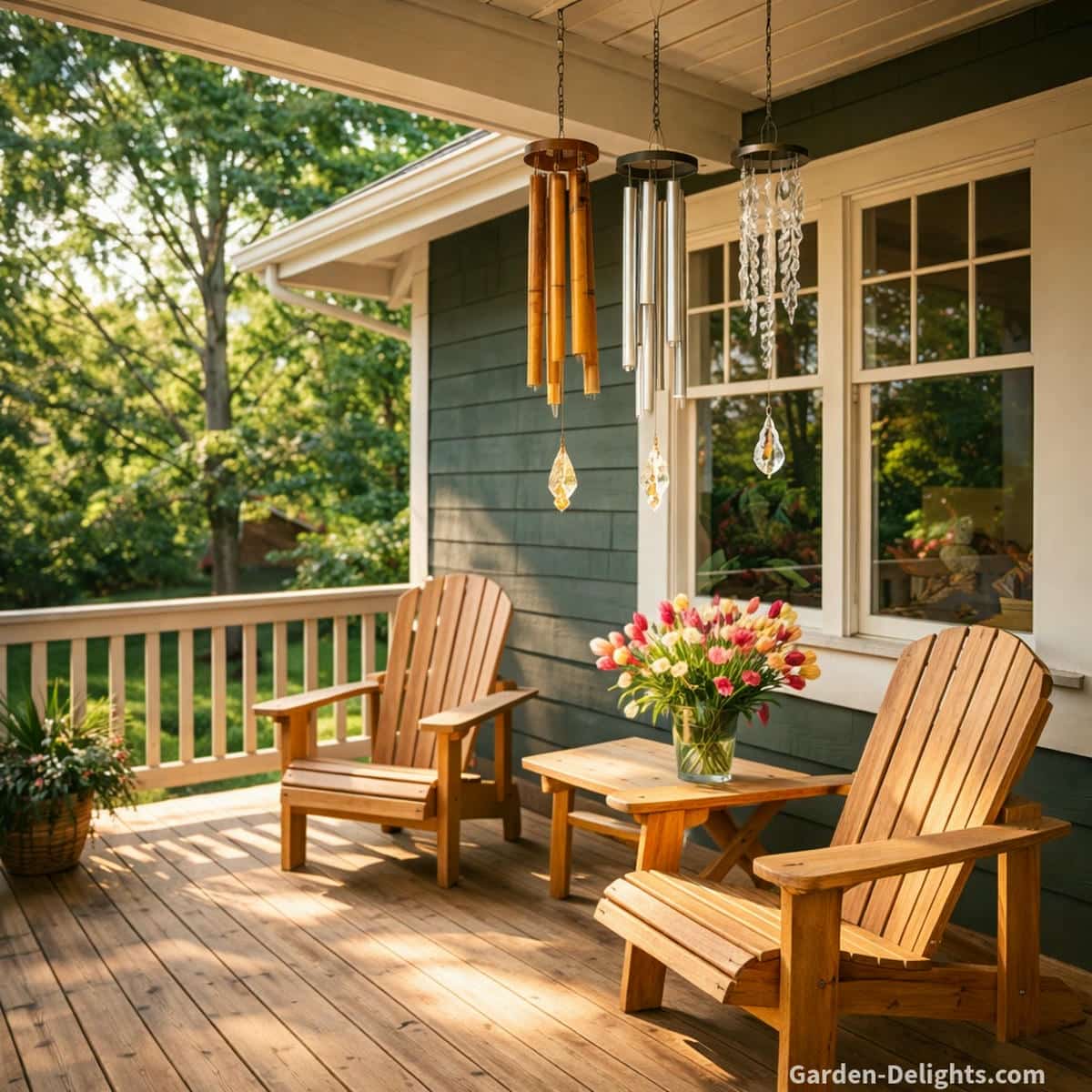 Pet memorial wind chimes hanging from an extended porch roof near the railing with bamboo aluminum and crystal chimes moving in gentle airflow over a warm wooden deck where natural Adirondack chairs and flowers create soft healing space warm remembrance and clear tone guidance for choosing a memorial chime