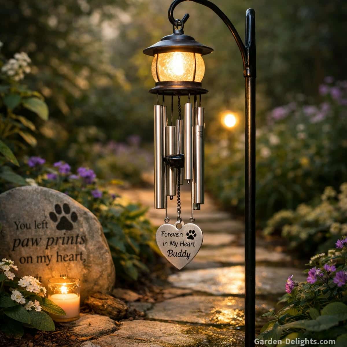 Pet memorial wind chime with soft glowing solar light and engraved paw print charm hanging beside a gentle garden pathway where calm airflow carries soothing tone for healing tribute and daily remembrance