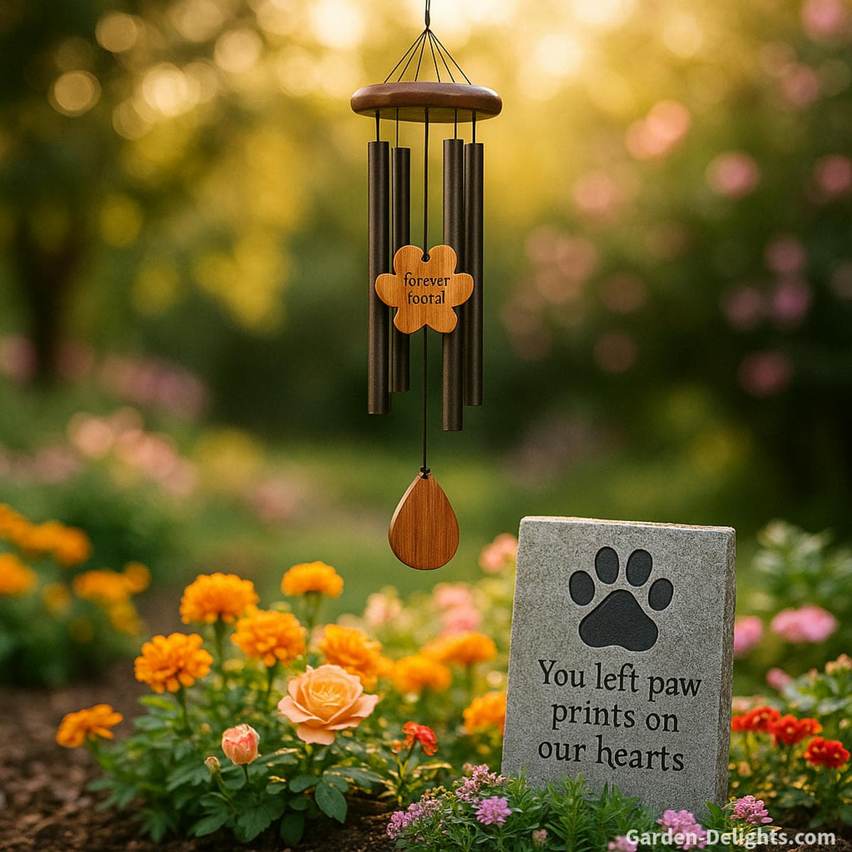 Pet memorial wind chimes hanging above a flowerbed with engraved paw print and remembrance plaque honoring a beloved dog or cat in a peaceful garden