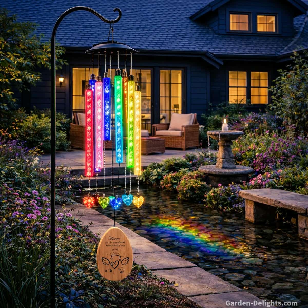 Solar Rainbow Bridge memorial wind chime glowing softly in a peaceful backyard garden where warm rainbow light gentle breeze movement and symbolic heart shaped details offer emotional comfort healing remembrance and a calm tribute space for grieving pet owners near a small fountain and wicker patio seating