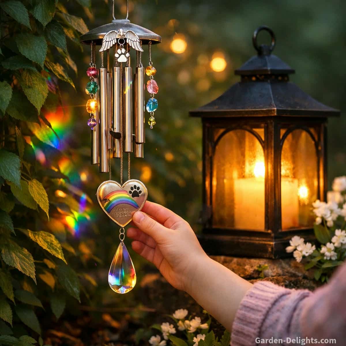 Child friendly Rainbow Bridge memorial wind chime hanging near a softly glowing lantern where warm rainbow reflections gentle airflow and soft melodic tone offer emotional comfort and support family healing during pet loss