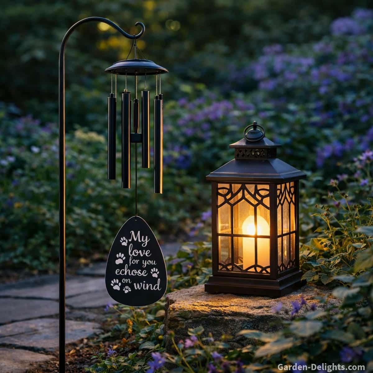 Rainbow Bridge remembrance wind chime hanging beside a softly glowing garden lantern where warm light gentle airflow and soothing healing tone create a calm ritual space for grieving pet owners to find emotional comfort and spiritual connection