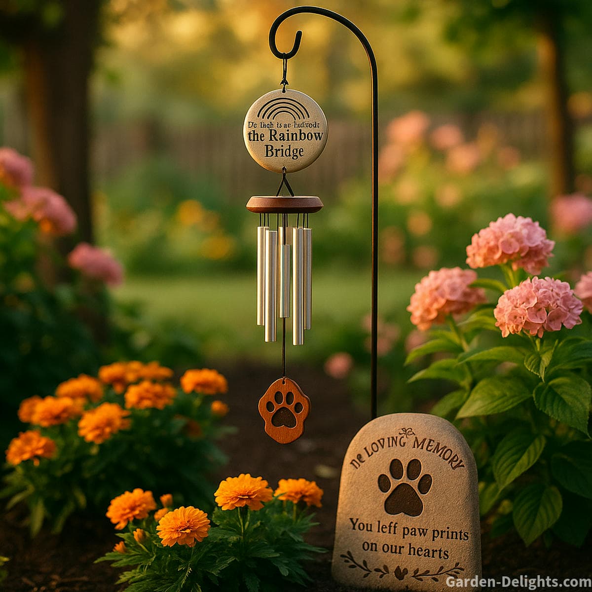 Rainbow Bridge wind chime hanging above flowerbed tribute for a beloved dog or cat, surrounded by blooms and memory stones