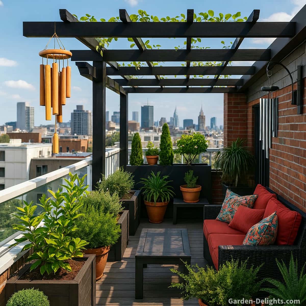 Adjustable bamboo and aluminum wind chimes hanging from a black pergola and side wall hook on a city balcony with black wicker furniture red cushions and soft airflow shaping quiet tone and balanced Feng Shui energy
