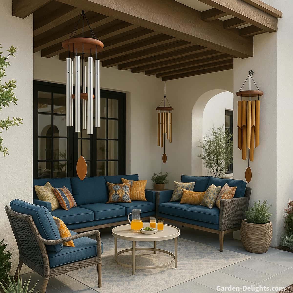 Bamboo and aluminum adjustable sound wind chimes hanging under a beige patio roof beside a white stucco home with blue cushioned seating and soft airflow shaping quiet tone and balanced Feng Shui energy