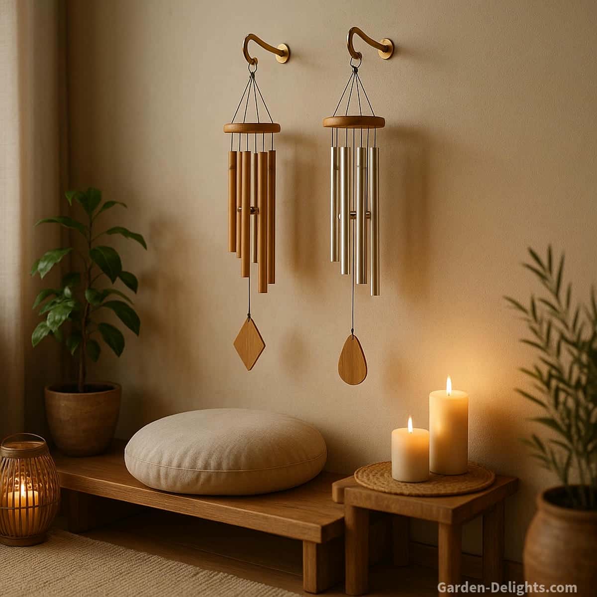Small quiet bamboo and aluminum healing ritual wind chimes hanging from brushed brass hooks in a softly lit meditation room with plants, candles, and calm chi flow creating gentle sound for mindful breathing and emotional balance