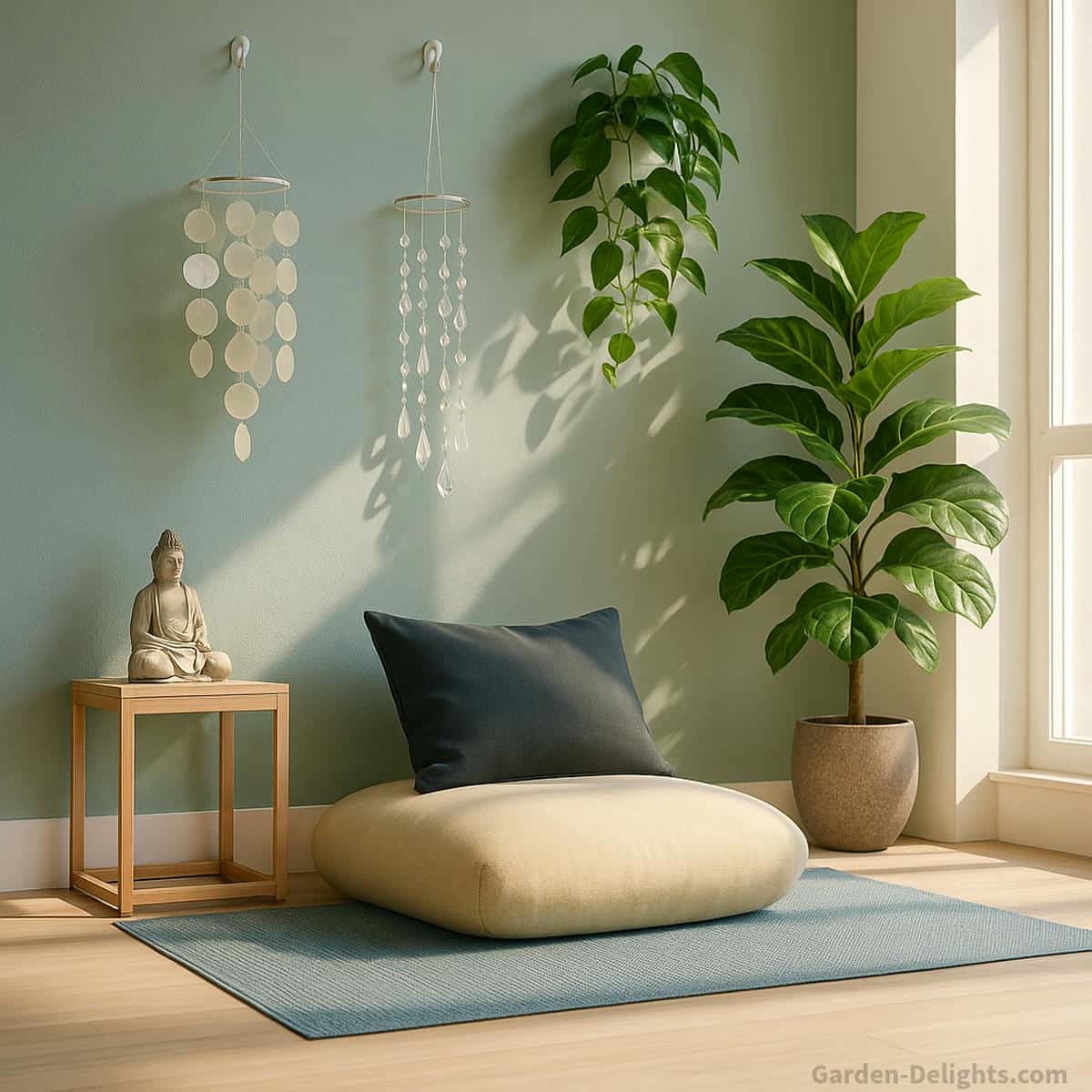 Crystal and capiz meditation chimes hanging from white ceiling hooks on a seafoam green wall above a serene healing space with a Buddha statue, hanging greenery, a large dark grey meditation pillow, a woven blue rug and warm sunlight that supports emotional grounding and mindful breathwork