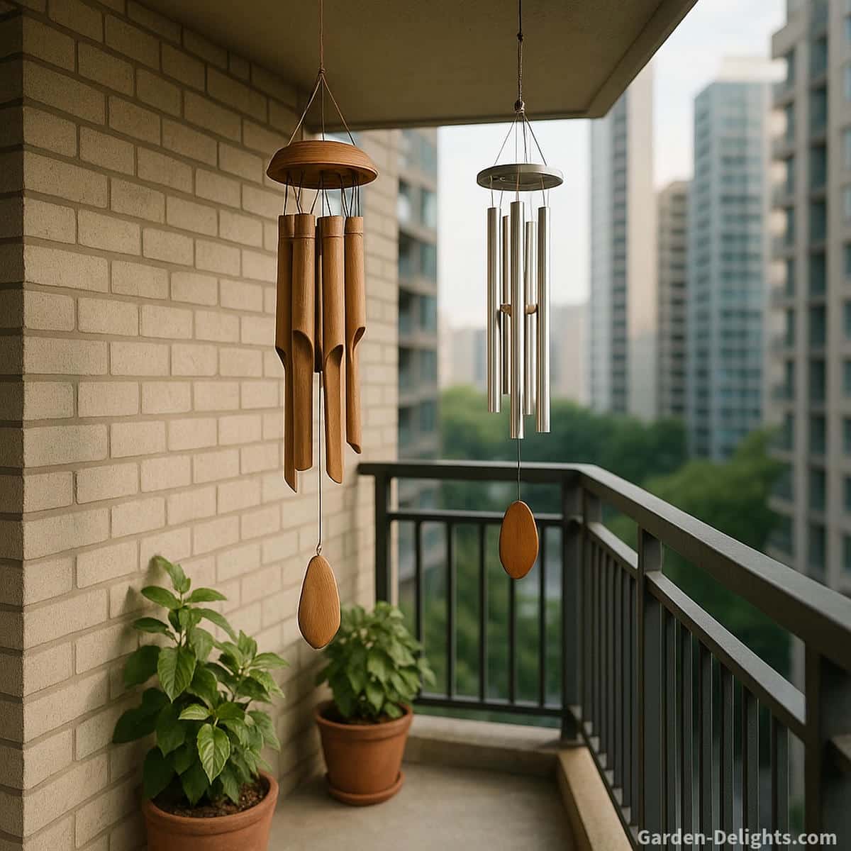 Quiet wind chimes on a condo balcony showing airflow zones including sheltered corners, vertical downdraft areas, light breeze pockets and calm Chi flow zones for soft emotional sound