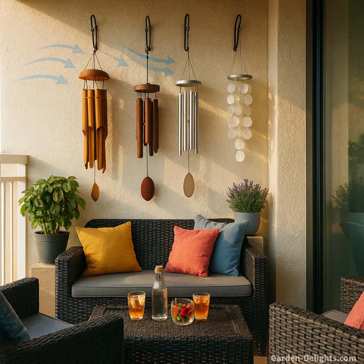 Quiet balcony with bamboo hardwood aluminum and capiz wind chimes hanging from black hooks above black wicker seating with colorful pillows soft golden light calm shaded areas gentle airflow pockets and smooth Chi flow for peaceful condo living