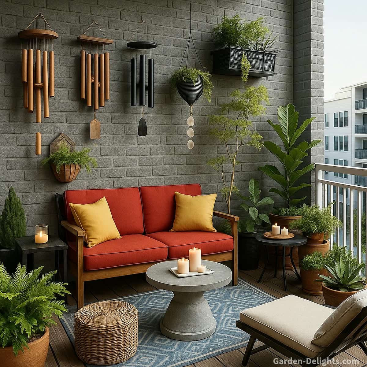 Quiet bamboo and metal wind chimes hanging on a gray brick balcony above warm red seating with soft candlelight, lush plants and gentle airflow that create peaceful ambience for small patios and urban apartments.