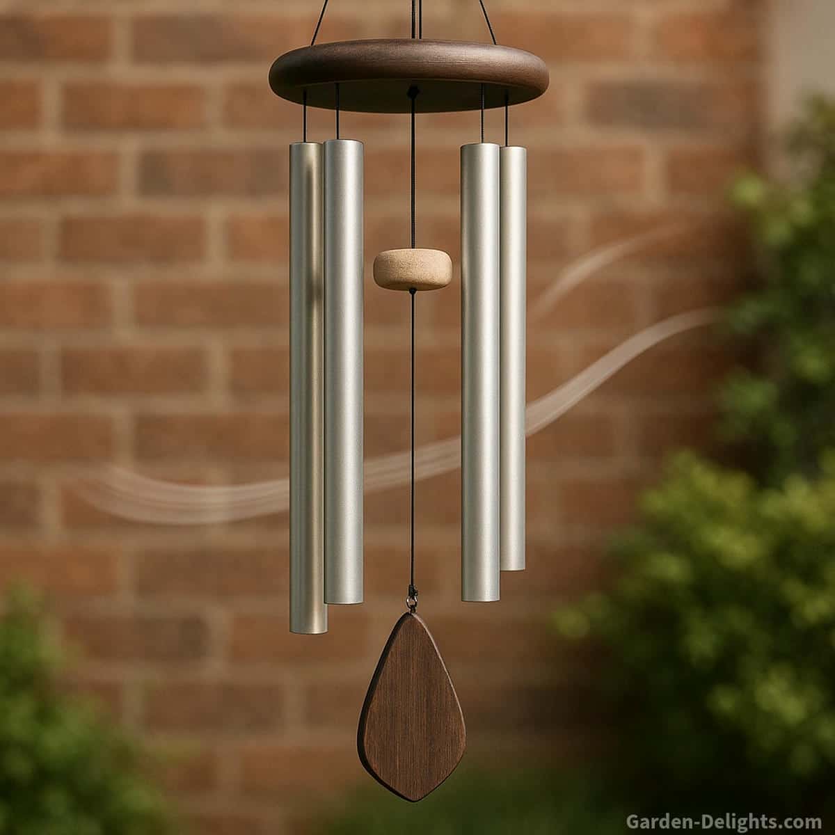 Standard wind chime adjusted with soft clapper contact, shortened suspension, and gentle airflow placement to create quiet tone and smooth Chi movement