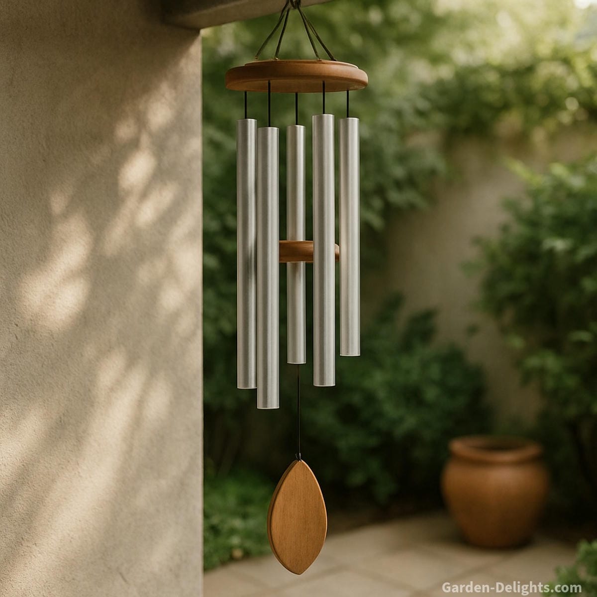 Quiet wind chime rebalanced for soft tone with widened tube spacing gentle airflow alignment and smooth Chi flow across a small shaded patio corner