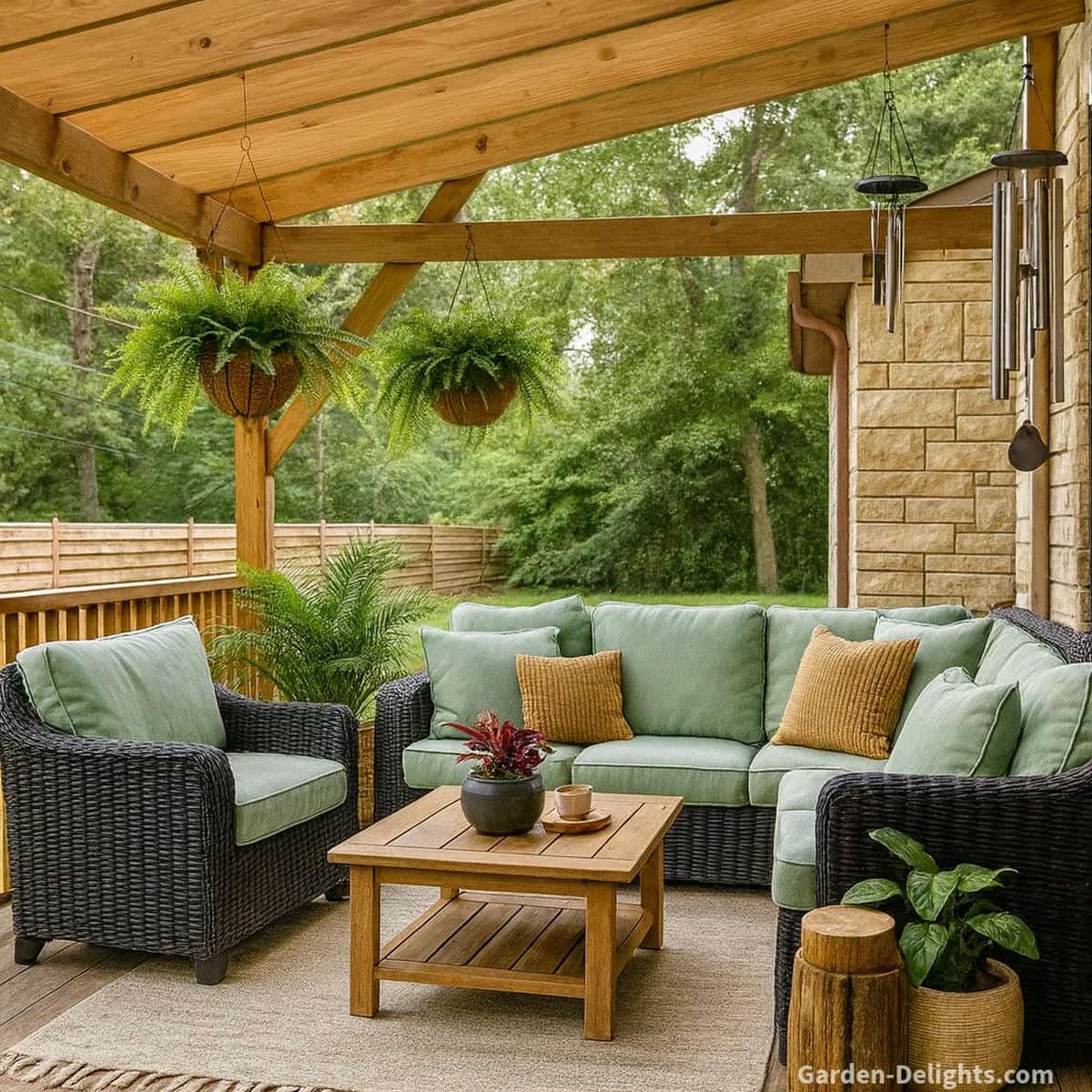 Quiet Feng Shui wind chimes hanging along the sides of a peaceful covered patio with black wicker seating mint coloured pillows soft plants and gentle airflow that shapes calm tone and smooth Chi movement
