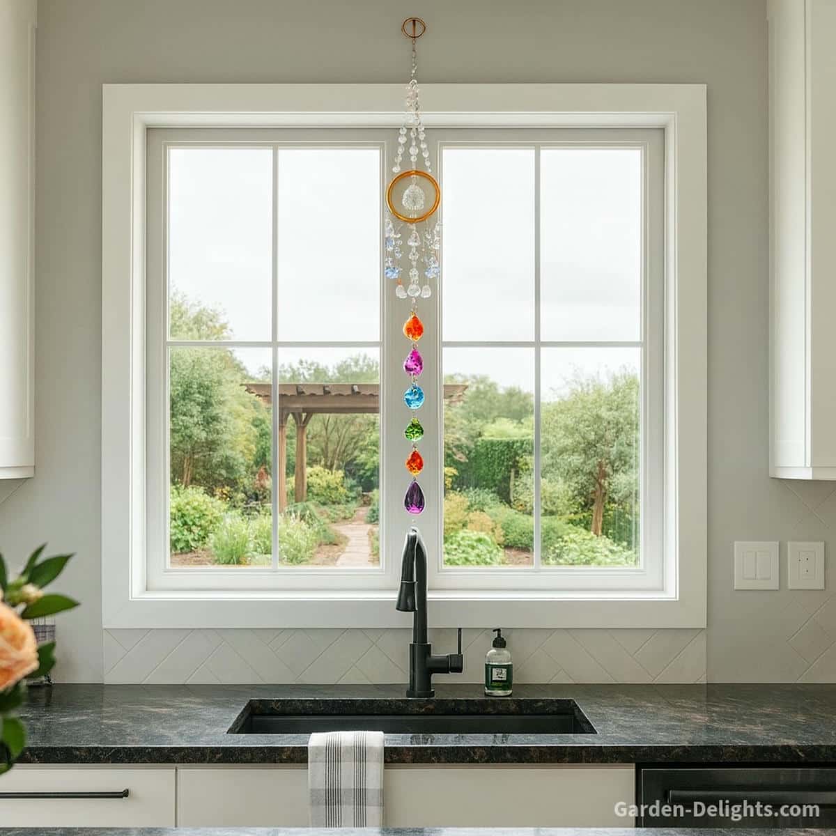 Crystal quiet Feng Shui wind chime hanging above a kitchen window with soft indoor light, steady airflow, dark marble counters, and a garden pergola outside supporting smooth Chi movement and low amplitude resonance