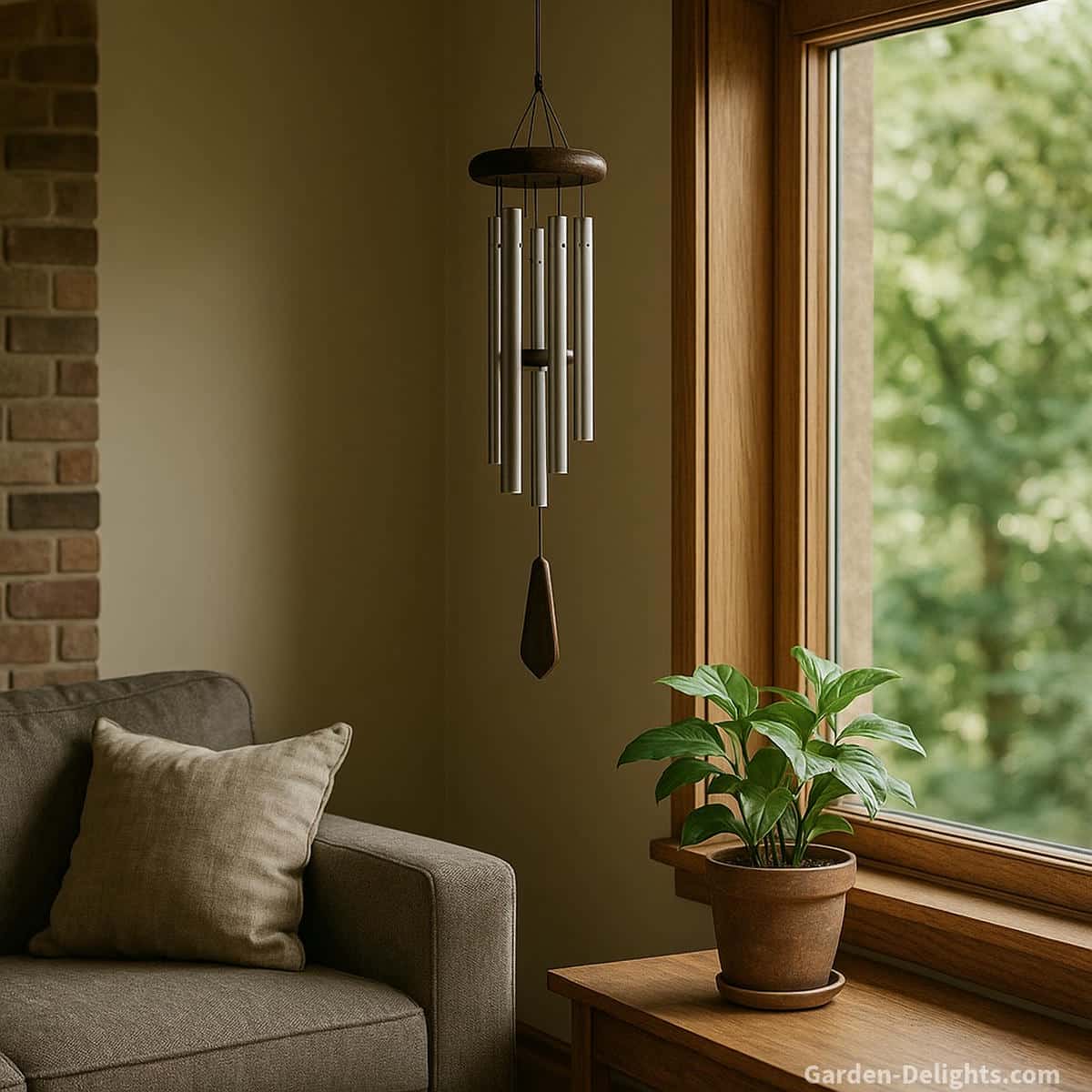 Quiet Feng Shui wind chime placed correctly in soft airflow while avoiding strong drafts blocked corners and crowded spaces that disrupt Chi movement and gentle tone