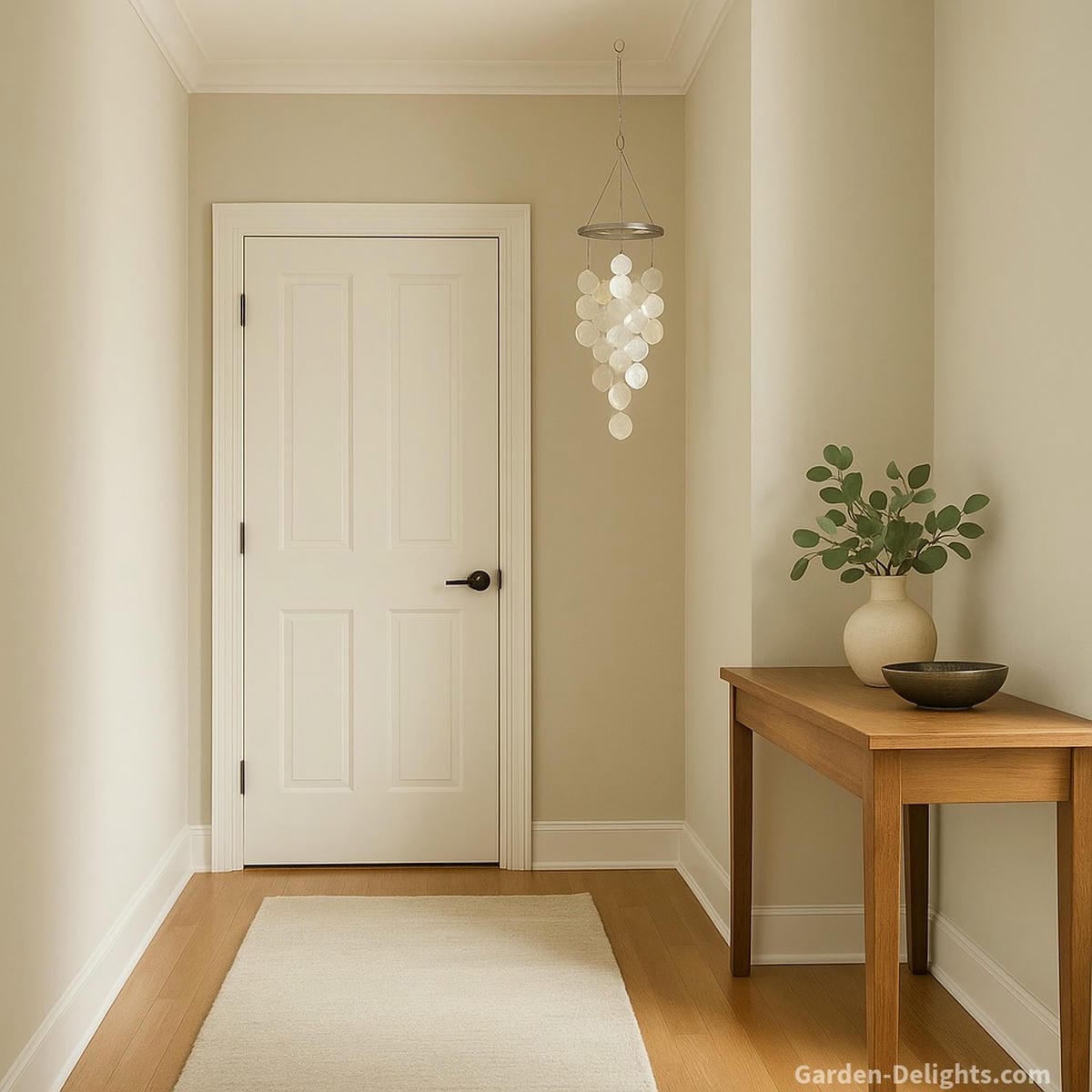 Quiet Feng Shui capiz wind chime hanging in a calm hallway corridor where gentle directional air movement shapes soft tone, stable resonance, and smooth Chi flow