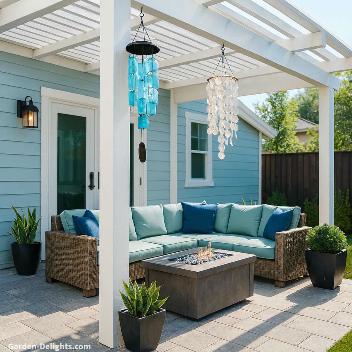Quiet capiz and glass wind chimes hanging from the side beams of a white pergola above wicker patio seating with seafoam cushions and blue pillows while soft airflow creates shimmering tone and gentle Feng Shui chi flow