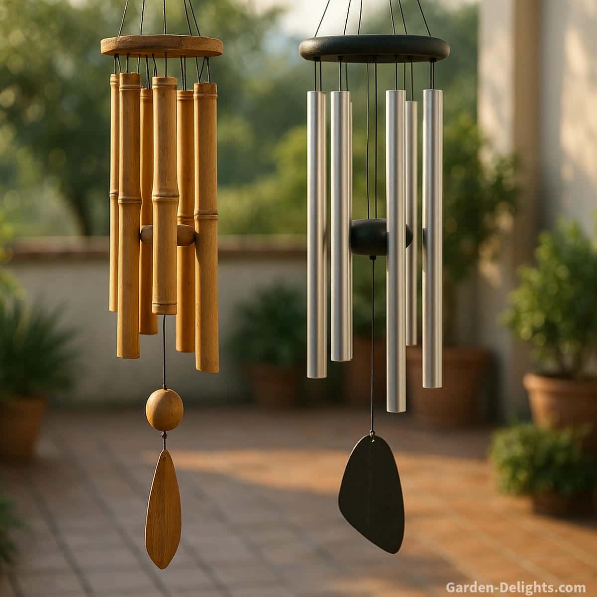 Quiet bamboo and aluminum Feng Shui wind chimes tested for airflow sensitivity on a small patio with soft morning light showing tube spacing, striker weight, and tone damping for neighbor friendly sound control