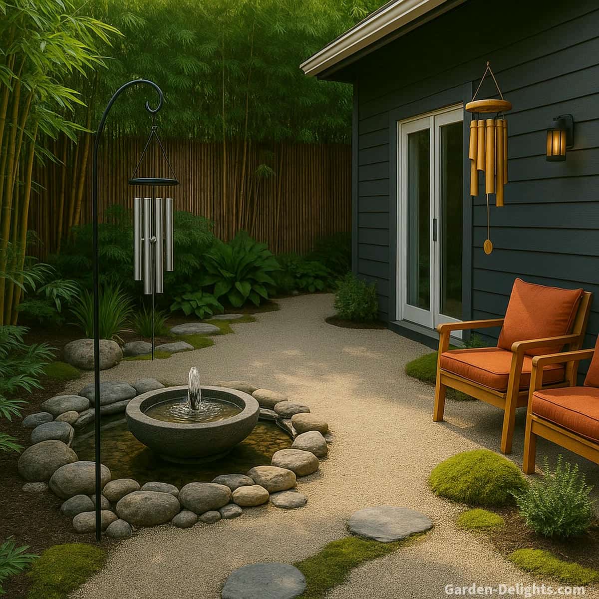 Quiet bamboo wind chimes hanging from a roofline and standard aluminum wind chimes on a shepherd’s hook beside a peaceful Zen-inspired patio garden with a stone water feature and lush bamboo screening for soft tone and deeper resonance comparison.