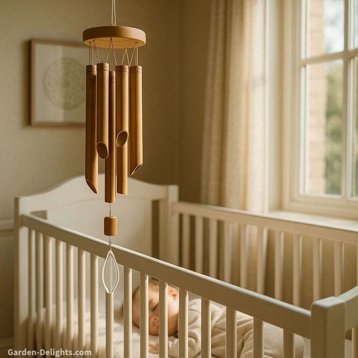 Quiet toddler wind chimes made of bamboo wood and soft acrylic swaying gently beside a crib in a warm nursery to create predictable airflow rhythm that comforts sensory sensitive or neurodivergent children during rest and early learning