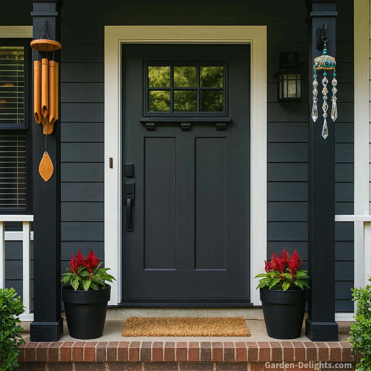 Quiet bamboo and colored crystal wind chimes hanging beside a dark grey front entrance with black posts and planters bringing soft tone gentle airflow Feng Shui calm and low noise resonance to the entryway