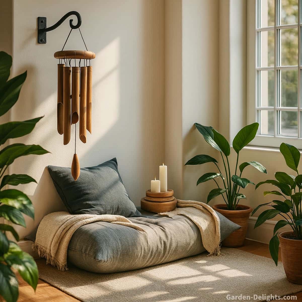 Quiet bamboo wind chime hanging from a decorative iron hook beside a meditation corner with a grey cushion, blue pillow and warm morning light that creates emotional calm, mindful balance and soft airflow in a peaceful wellness room.
