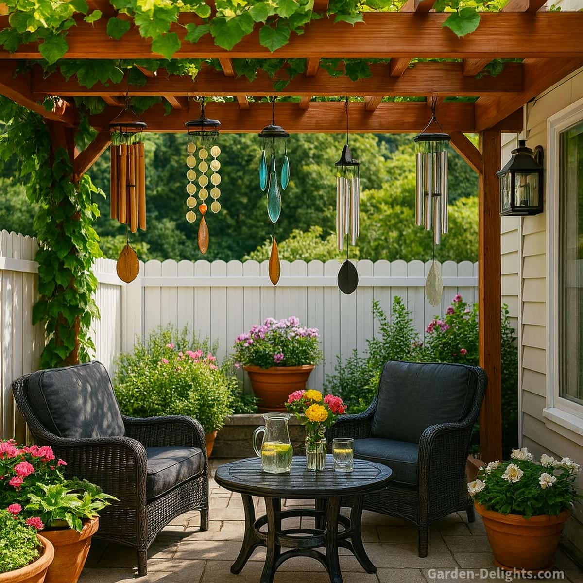 Quiet bamboo, capiz, glass and aluminum wind chimes hanging from a shaded pergola above dark wicker furniture on a peaceful garden patio where soft airflow creates gentle low-noise resonance.