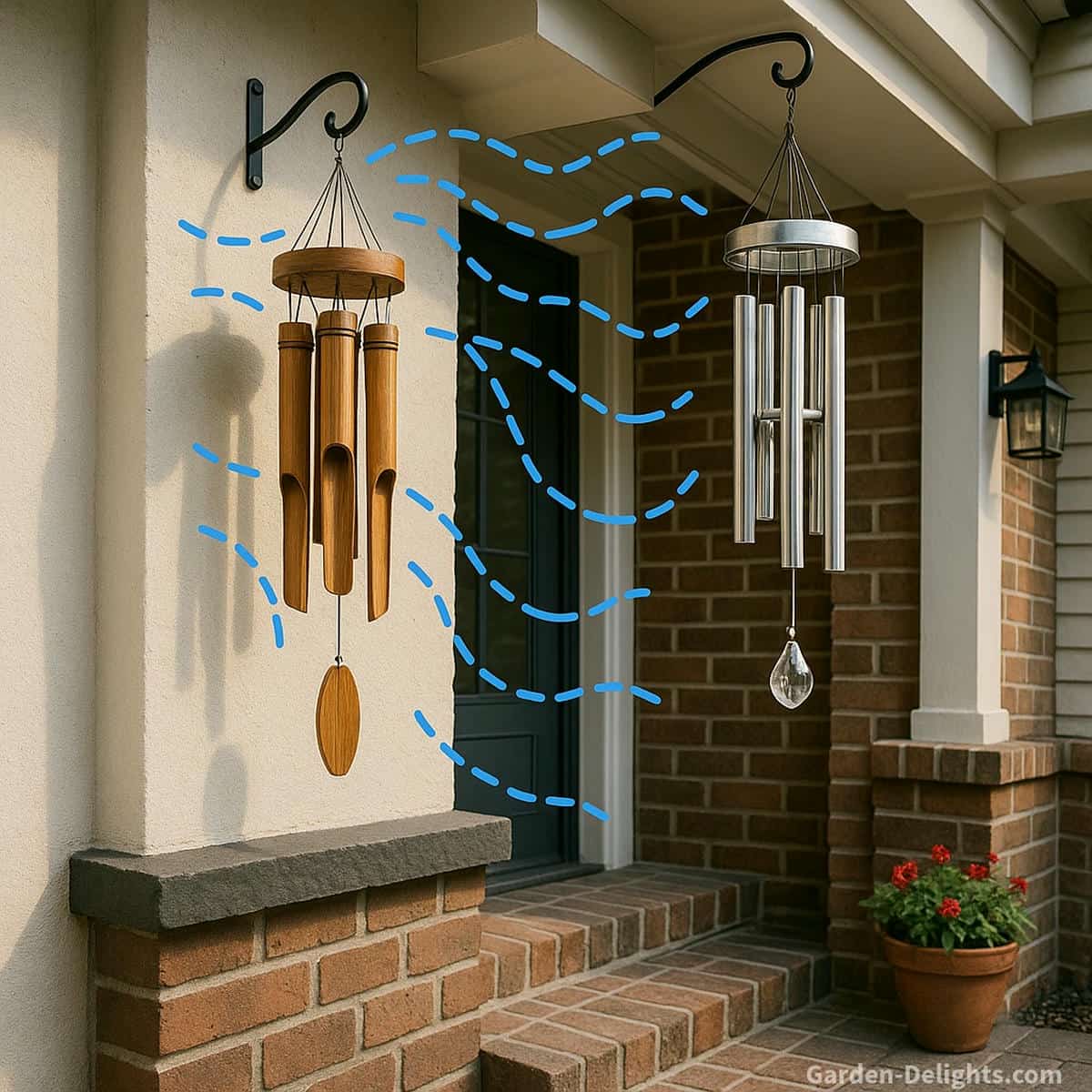 Quiet wind chimes placed in blocked airflow pockets showing broken breeze lines and weakened soft tone behavior with disrupted resonance patterns and reduced Feng Shui balance