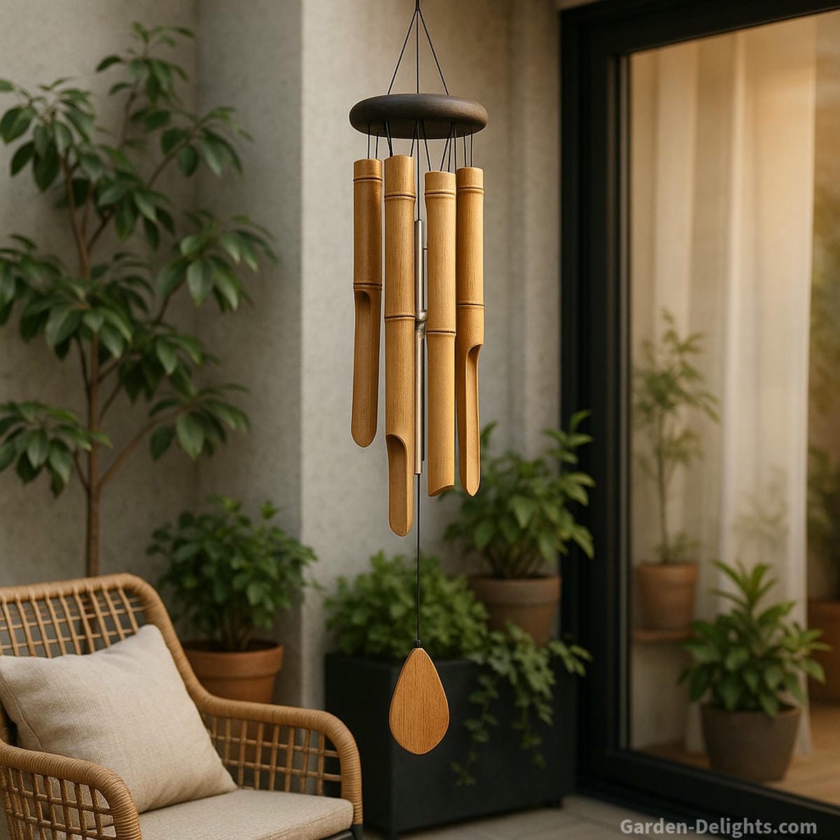 Quiet bamboo and metal wind chimes hanging in a soft lit small patio with plants and gentle airflow that create calm ambience for tiny homes, RV patios and compact living spaces.