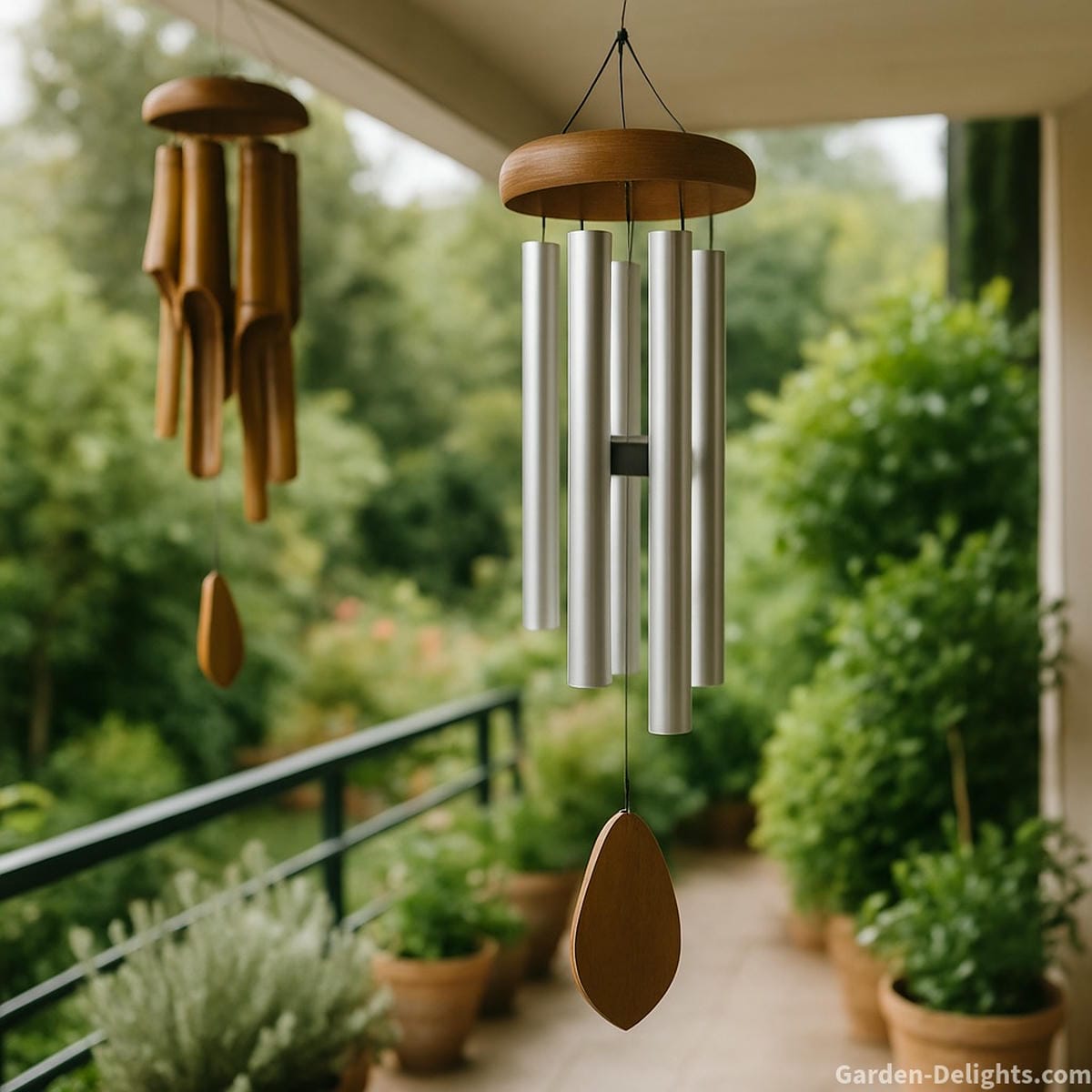 Quiet bamboo and aluminum wind chimes on a calm balcony and sensory garden where soft airflow and gentle tone create emotional comfort and peaceful energy for mindful living.