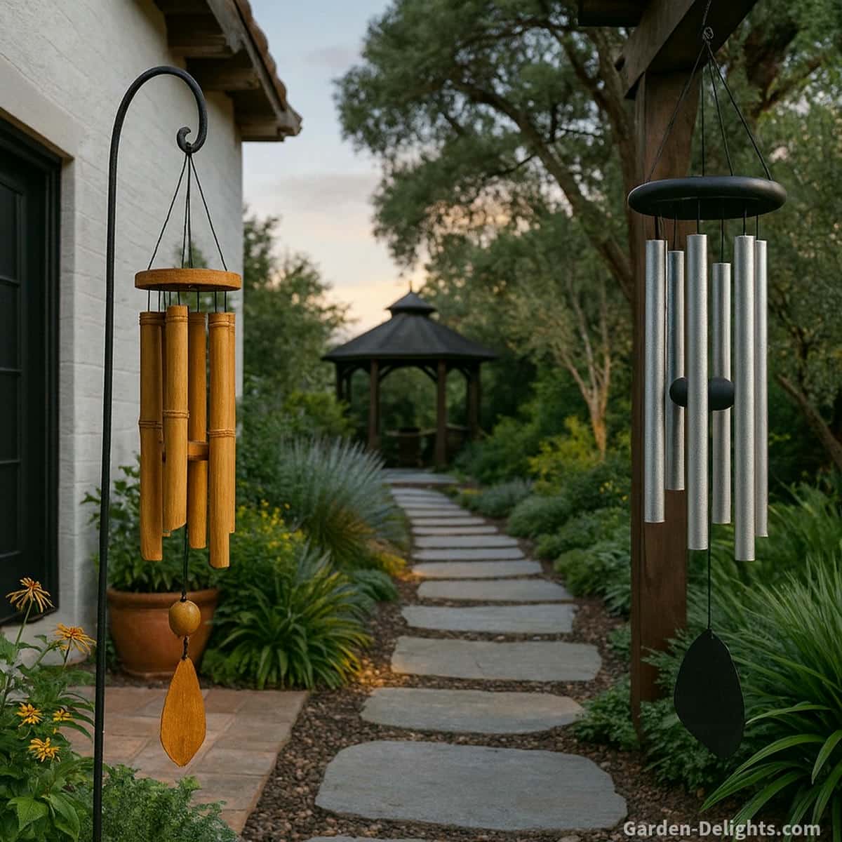 Silent Feng Shui wind chimes made of bamboo hardwood and adjustable aluminum hanging along a soft airflow corridor beside a calm garden pathway with gentle chi movement and low noise behavior for quiet patios and indoor Feng Shui rooms