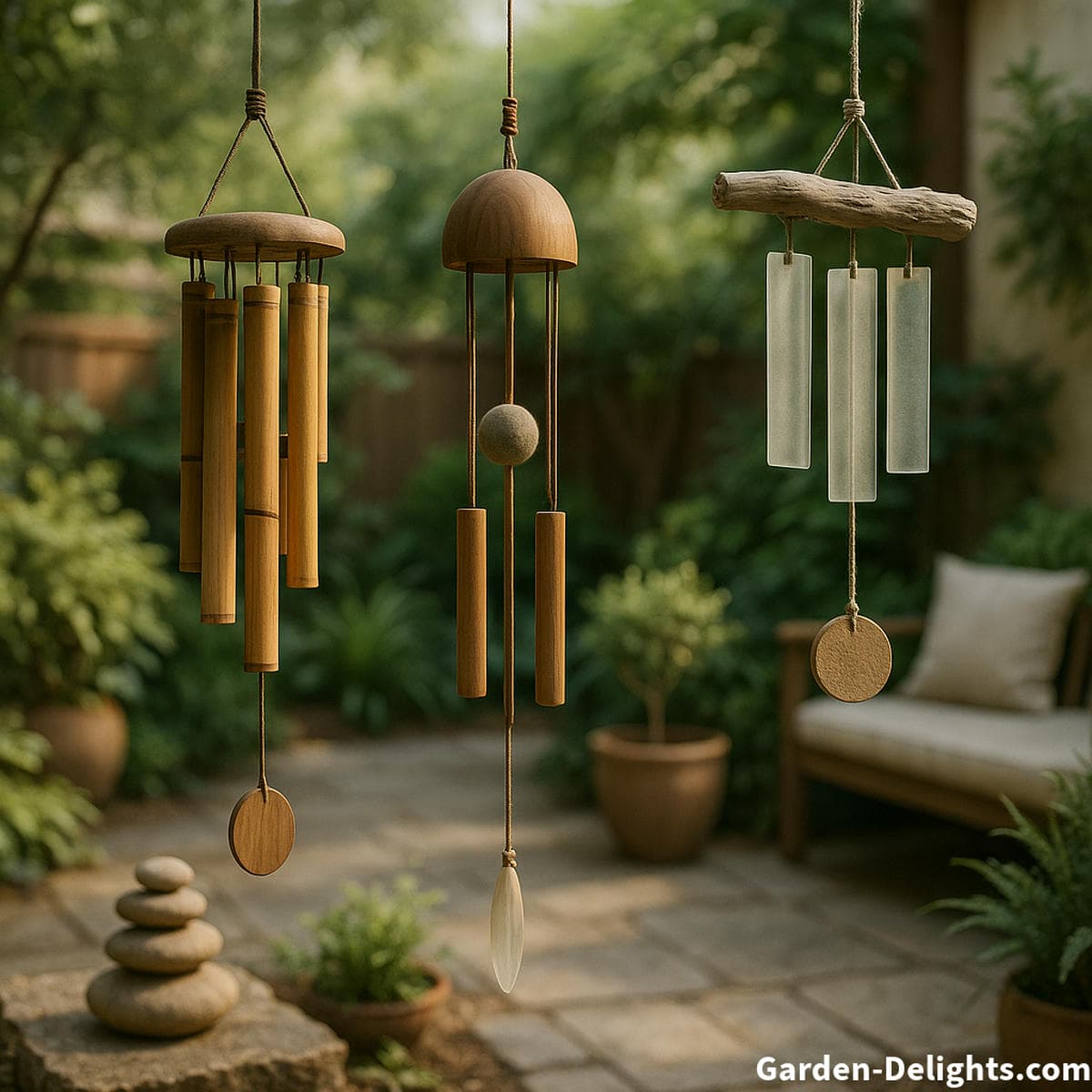 Soft tone quiet wind chimes made from bamboo wood and glass placed in a calm garden patio scene with gentle airflow sound dampening design and smooth chi flow that supports mindful decor and emotional serenity