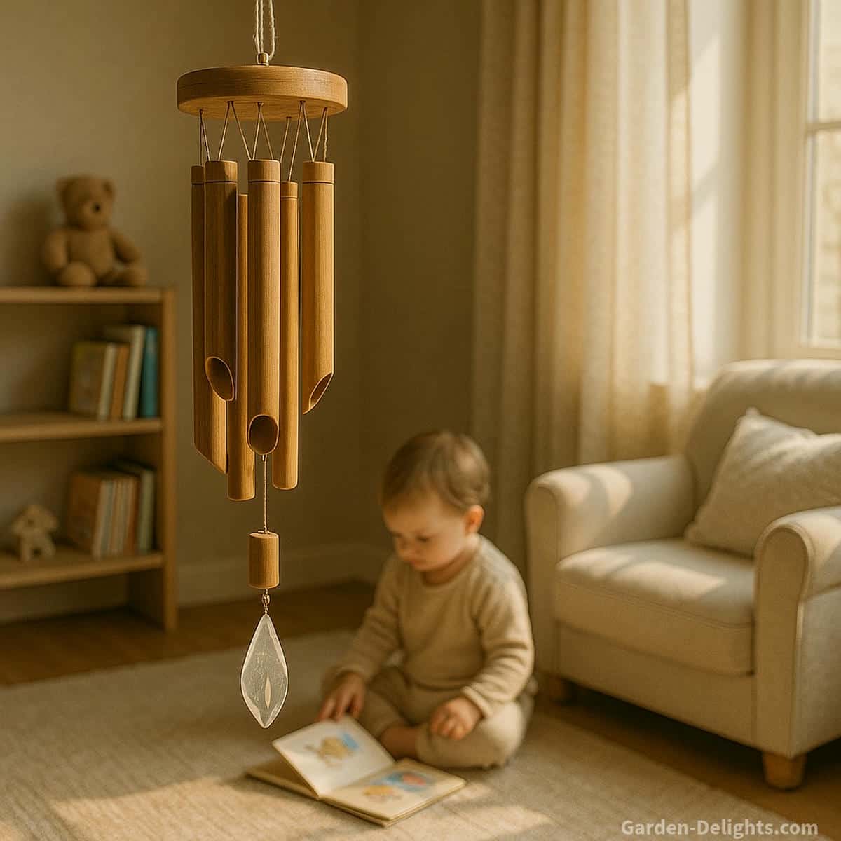 Quiet toddler sensory wind chimes made of bamboo and soft acrylic moving in gentle airflow beside a warm nursery reading corner that brings steady rhythm emotional comfort and calm sensory focus for young children