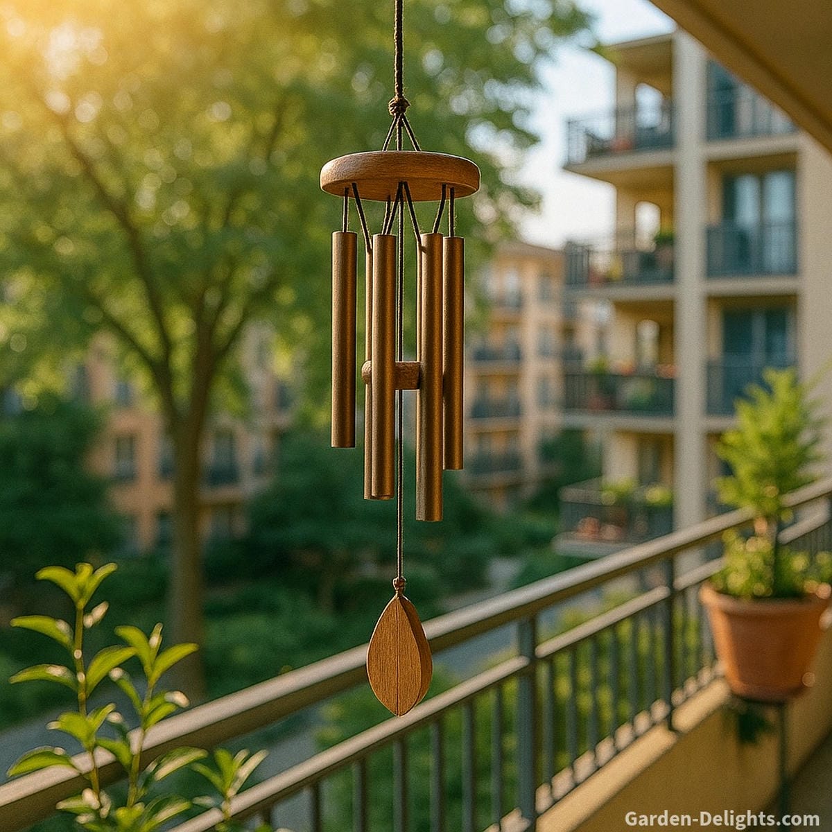 Small copper wind chimes swaying softly on a sunlit apartment balcony symbolizing emotional healing, Feng Shui balance, and peaceful sound energy in compact spiritual spaces