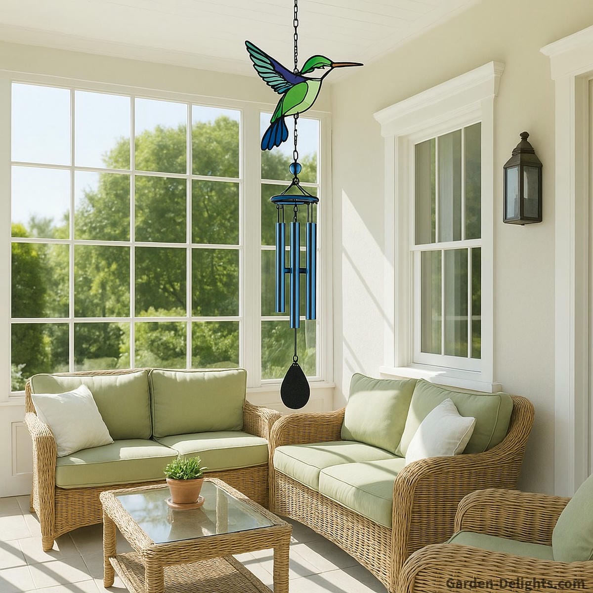 Hummingbird stained glass wind chime in a sunroom above green patio furniture symbolizing spiritual renewal, Feng Shui harmony, and joyful healing energy through color, light, and sound