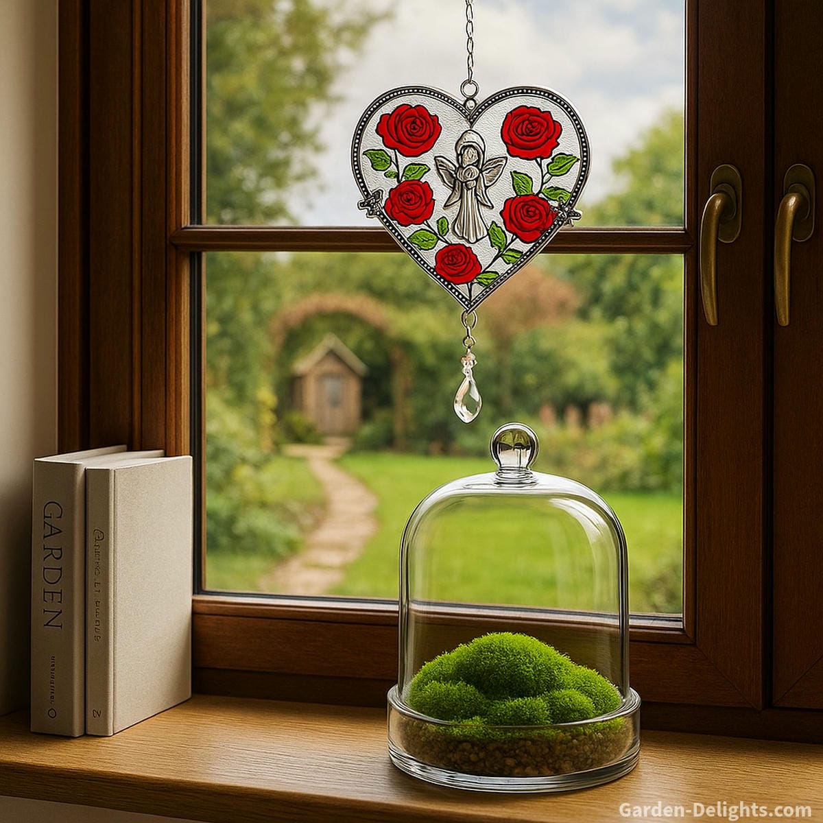Heart-shaped stained glass indoor memorial wind chime above a moss terrarium on a wooden windowsill symbolizing remembrance, emotional healing, and Feng Shui serenity within a peaceful home sanctuary