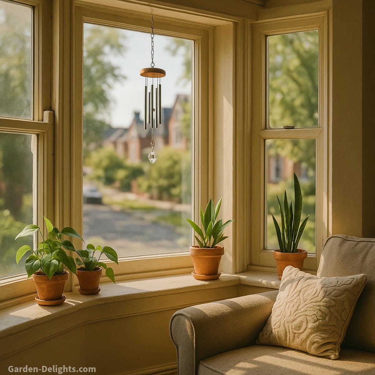 Small wind chimes with crystal drops reflecting healing light in a sunlit bay window with houseplants symbolizing indoor serenity, Feng Shui energy balance, and sound therapy for meditation spaces