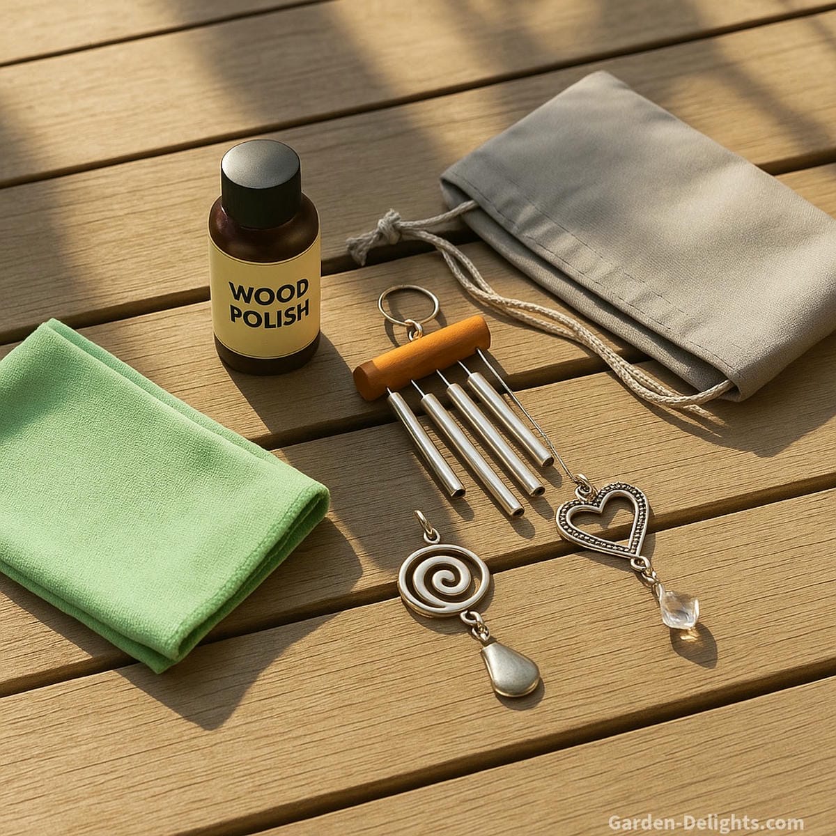 Mindful cleaning kit for small wind chimes with microfiber cloth, wood polish, and velvet pouch under soft sunlight symbolizing sound clarity, emotional renewal, and Feng Shui energy care for compact healing spaces