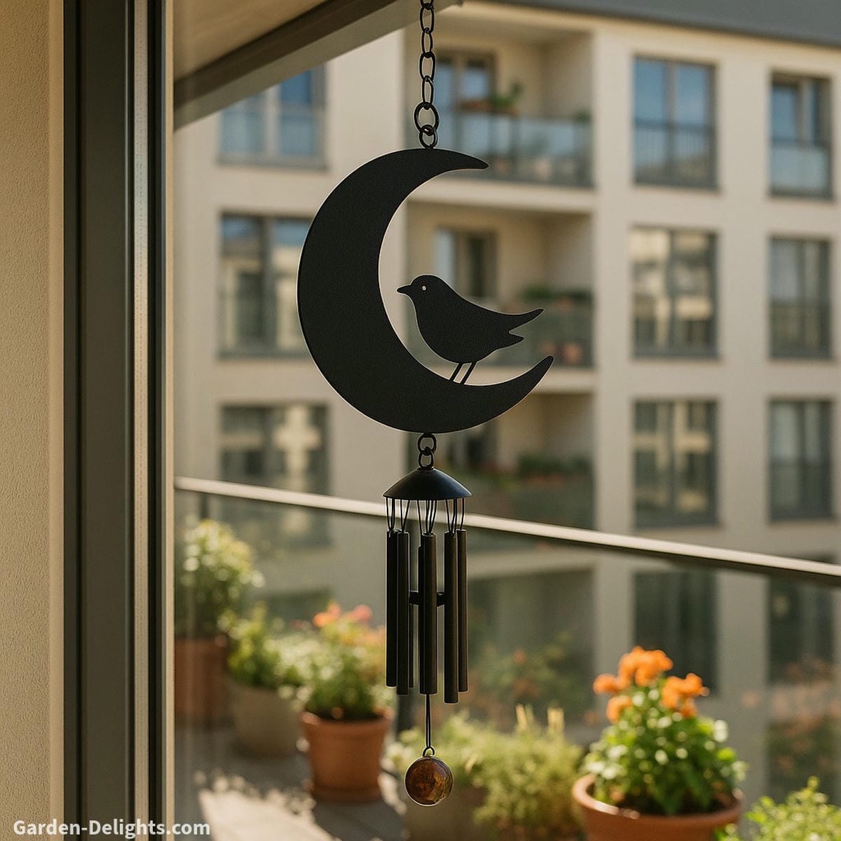 Small crescent moon wind chime with bird silhouette swaying near a glass balcony door symbolizing emotional healing, spiritual balance, and Feng Shui harmony in compact spaces