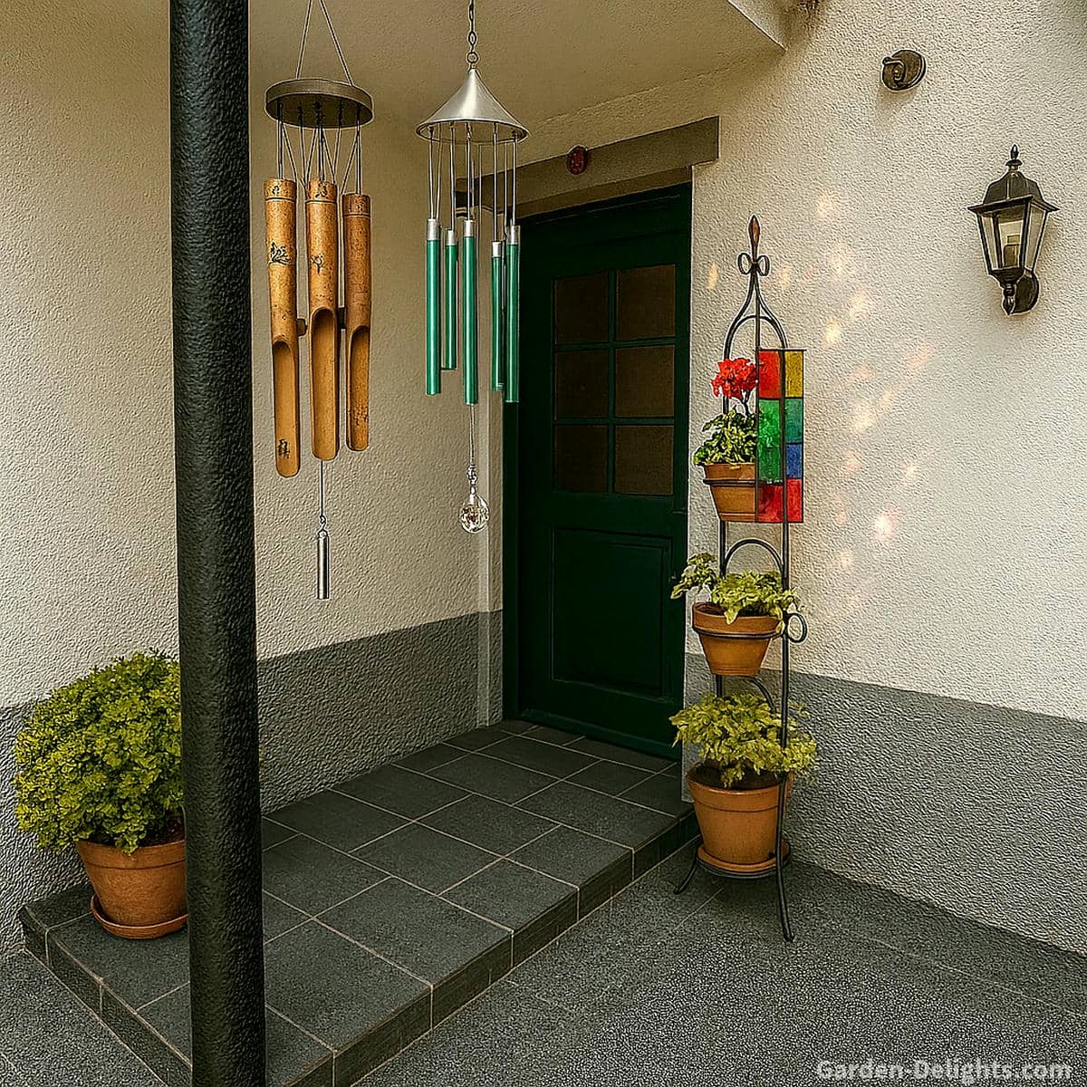 Small bamboo and crystal wind chimes at a front entrance above potted flowers symbolizing Feng Shui protection, welcoming energy, and emotional harmony through light and sound