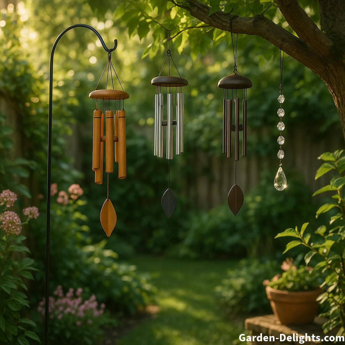 Small balcony wind chimes adding relaxing tones and visual charm to compact patios and vertical garden spaces