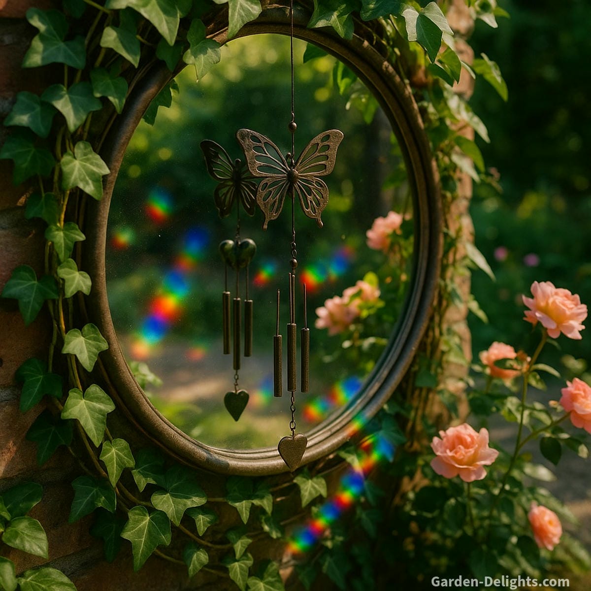 Butterfly wind chime reflected in a symbolic garden mirror enhancing emotional balance, light energy, and rainbow color harmony for compact Feng Shui patios and healing outdoor sanctuaries