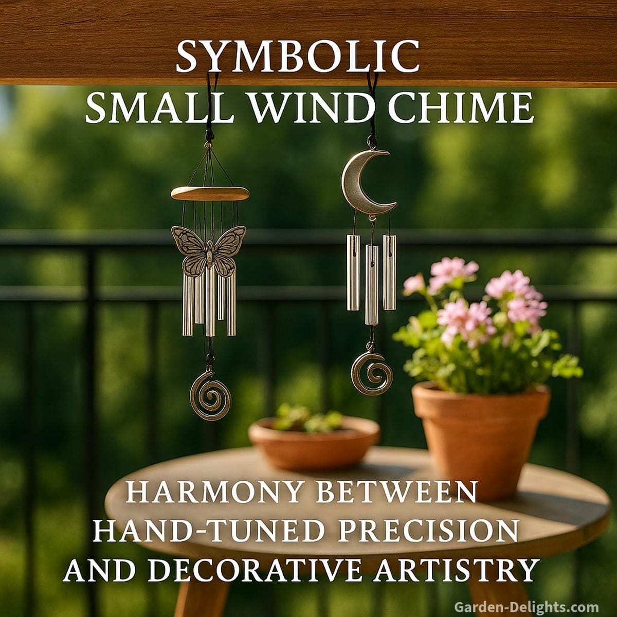 Small symbolic wind chimes with butterfly, moon, and spiral charms hanging above a sunlit balcony table illustrating hand-tuned precision versus decorative design, emotional healing, and Feng Shui balance in compact living spaces
