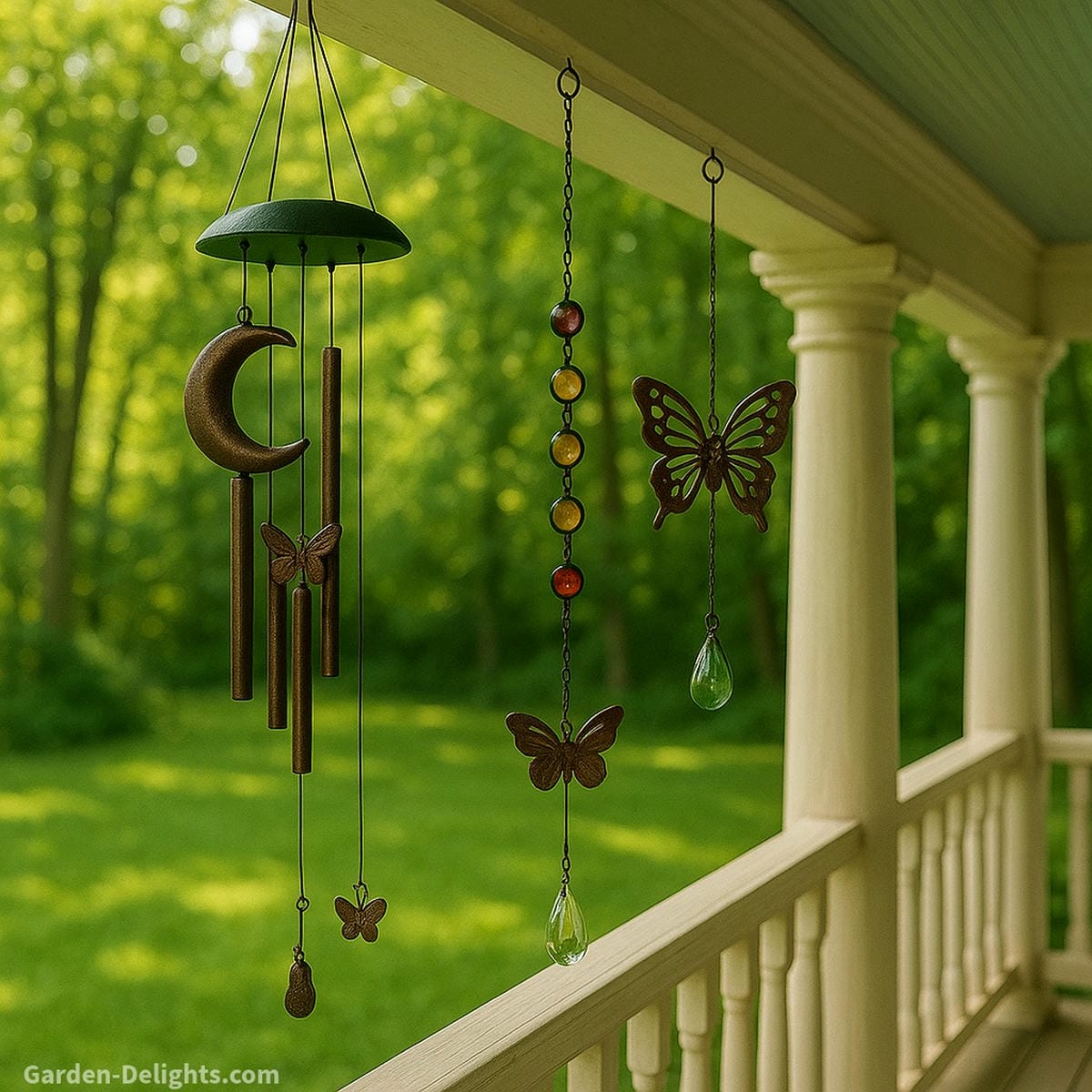 Small wind chimes with butterfly and moon accents hanging from a white porch railing symbolizing outdoor peace, Feng Shui flow, and emotional clarity in garden settings
