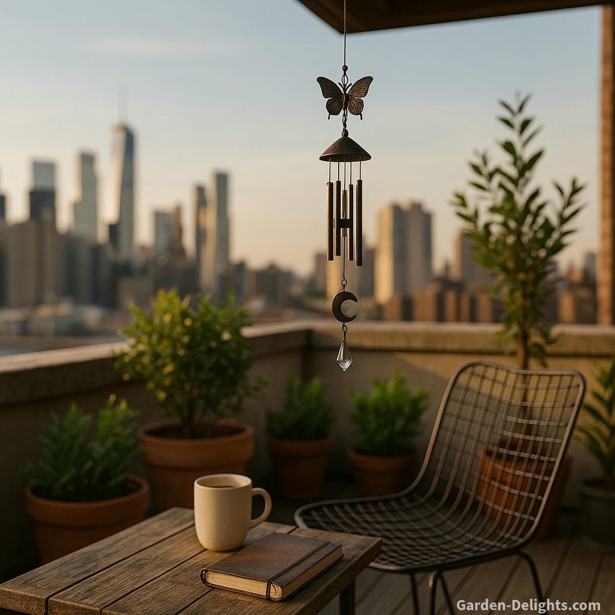 Small wind chime swaying on a tranquil rooftop garden terrace with skyline view, potted herbs, and a tea mug symbolizing emotional release, acoustic healing, and spiritual clarity in compact city sanctuaries